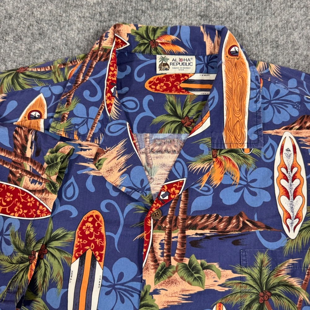 Aloha Republic Shirt Surfboard Tropical Mens XL Blue Cotton Made in Hawaii EUC